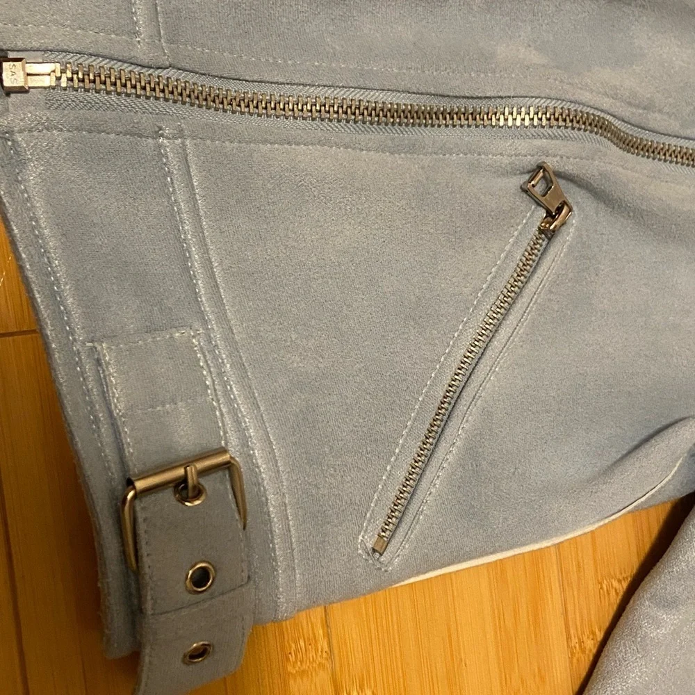 Superdown x Revolve Light Blue Faux Suede Moto Biker Jacket XS